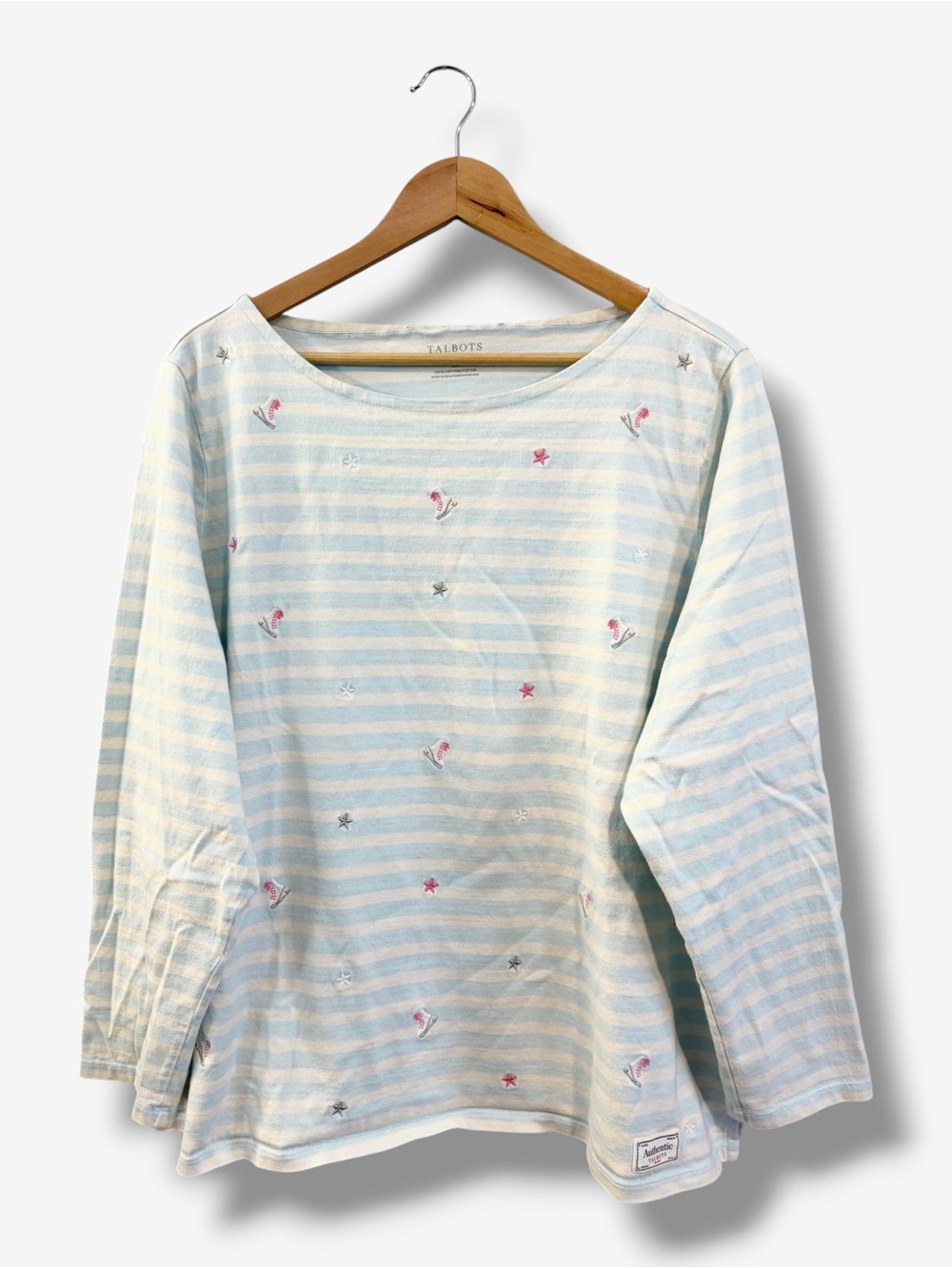 Talbots Blue White Stripe Shirt 3X Embroidered Ice Skates Stars Sporty Nautical